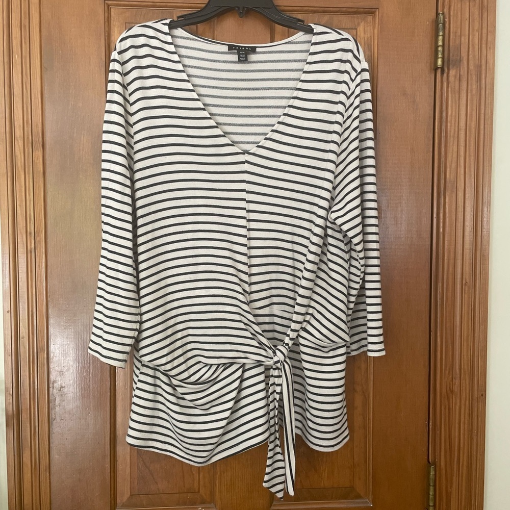 Tribal Black and Cream V-Neck Striped Tunic Top with Tie Detail, Size XL